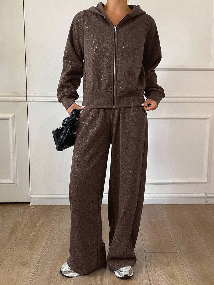 Women's Casual Hooded Sweatshirt Sweatshirt And Wide Leg Pants 2 Pieces Set, Autumn Lounge Sets For Women