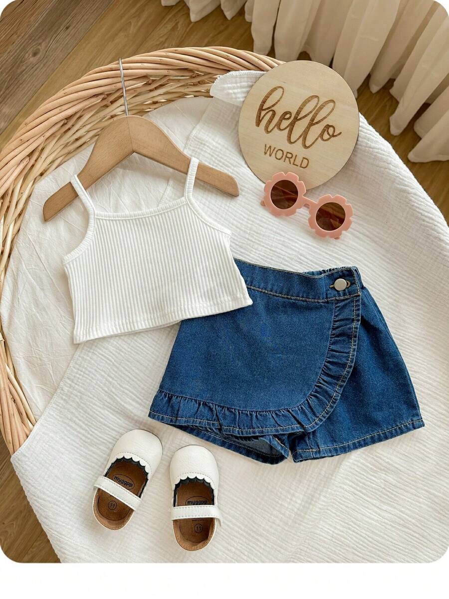 SHEIN Baby Girl Cute Soft Knitted Solid Color Basic Camisole Top With Asymmetric Ruffle Hem & Casual Denim Skirt Shorts Set - Multicolor - View 1