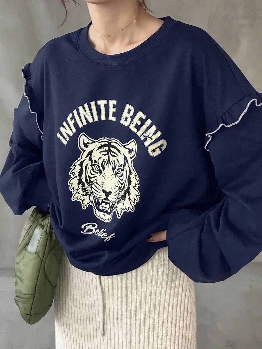 FRIFUL Women's Crew Neck Contrast Color Frill Trim Animal Letter Print Thermal Lined Contrast Color Sweatshirt, Halloween Costume, Autumn - Navy Blue - View 1