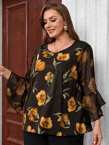 EMERY ROSE Plus Size Women Floral Print Round Neck Flare Sleeve Loose Blouse - Yellow - View 5