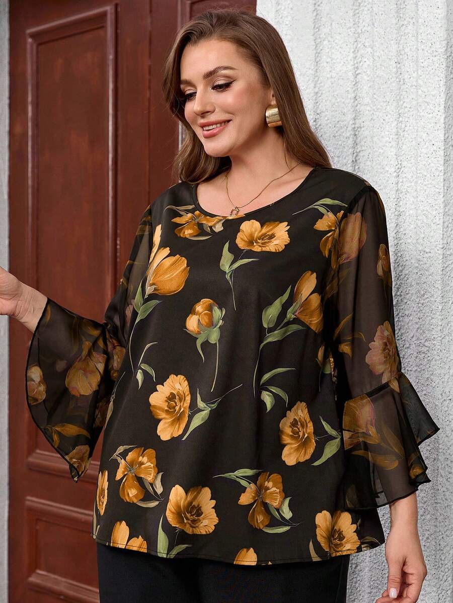 Miaspire Plus Size Women Floral Print Round Neck Flare Sleeve Loose Blouse - Yellow - View 1