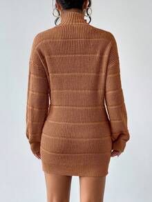 Almamuse Women's Casual High Neck Drop Shoulder Long Sleeve Knitted Sweater Dress, Autumn/Winter - Rust Brown - View 2
