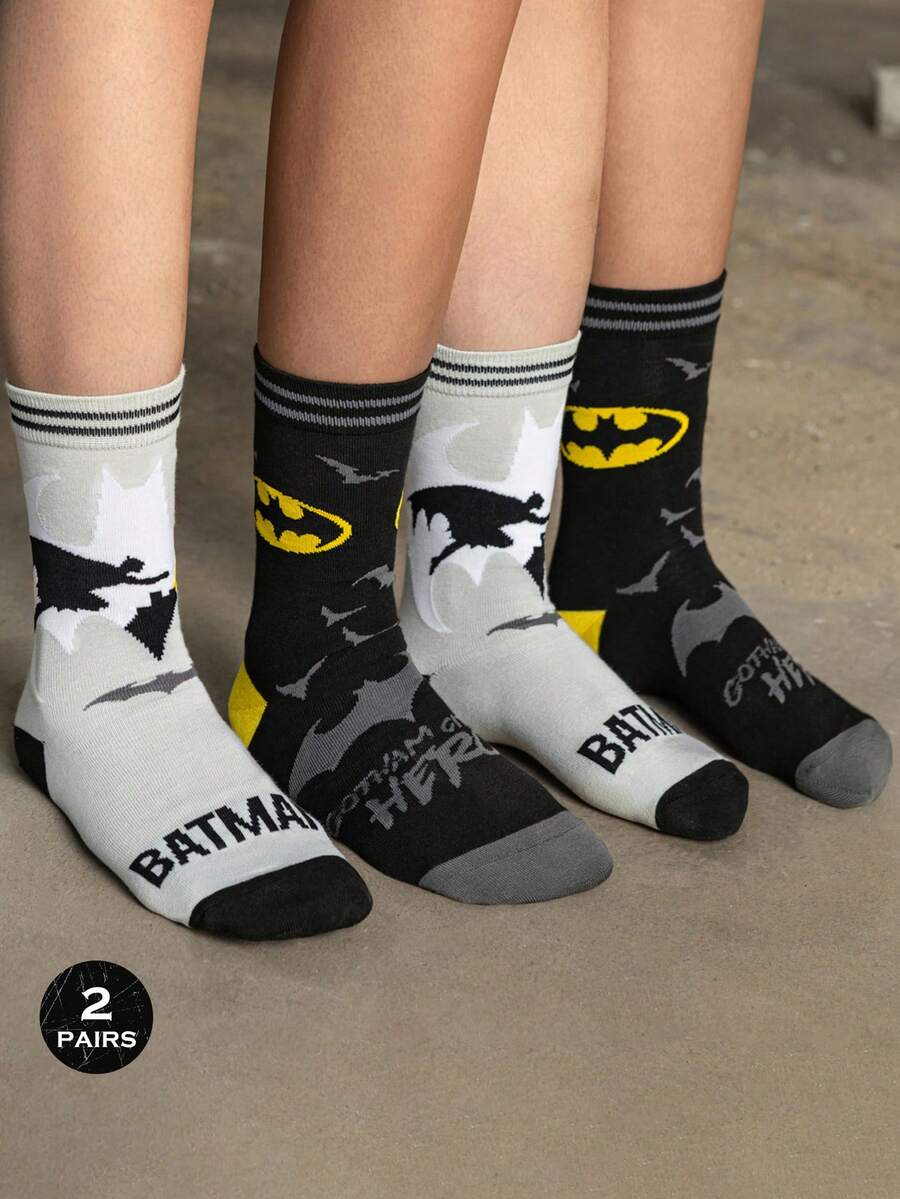 BATMAN X SHEIN 2 双柔软透气吸湿排汗休闲中筒袜，带蝙蝠图案，时尚酷灰色和背面中筒袜，加固脚趾和脚跟，经久耐用，男女通用，四季百搭夏冬图案袜子