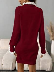 LanaWest 女式休闲蕾丝领插肩袖针织连衣裙，秋冬 - 紅色 - 查看 2