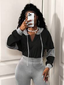 BamGleam Bộ 2 món áo hoodie dài tay có dây rút màu tương phản và quần ống loe thường ngày cho nữ - màu đen - Xem 3