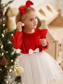 SHEIN Baby Girl Colorblock Bow Decor Ruffle Trim Mesh Patchwork Long Sleeve Dress - Multicolor - View 4
