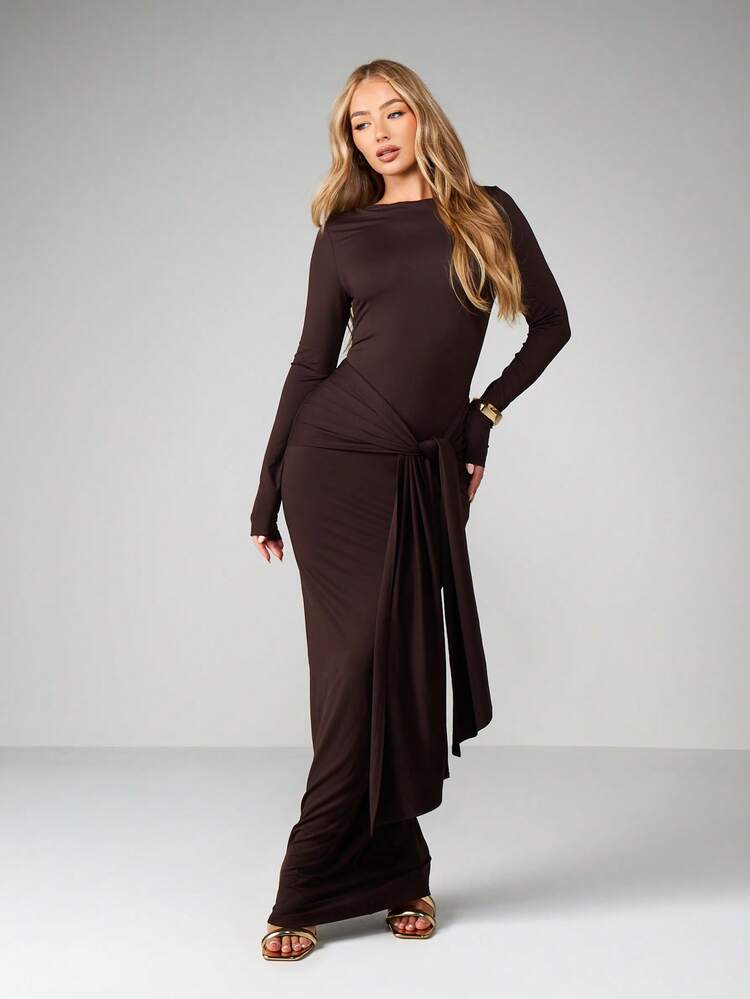 MISSGUIDED Long Sleeve Tie Waist Maxi Dress