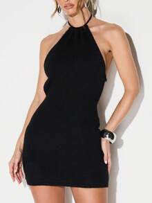 KIZN Fluffy Knit Halter Mini Dress With Tie Back Detail For Evening Party Occasions - Black - View 5