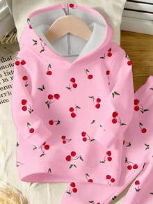 SHEIN Playful Pals Girls Casual Cherry Pattern Print Hoodie And Sweatpants Set, Fashionable And Refreshing Outfit For Autumn - Multicolor - View 6