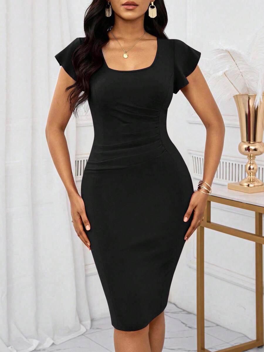 SHEIN Lady Women's Black Square Neck Ruffle Sleeve Pleated Fitted Elegant Dress Dresses For Ladies Summer Party Dress Graduation Dress Formal Dress Black Dress - Black - View 1