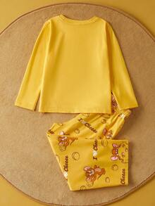 TOM & JERRY X SHEIN 少女卡通可爱杰瑞老鼠和奶酪印花针织圆领插肩袖阻燃睡衣套装，秋冬 - 黃色 - 查看 2