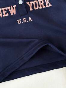 SHEIN 女婴四季休闲运动字母刺绣马球领长袖运动衫和百褶裙套装 - 藏蓝色 - 查看 6