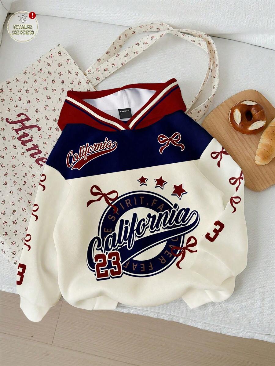 SHEIN Leap Crew Tween Girls Navy Blue And White Collegiate Style Long Sleeve Sweatshirt,Vintage Letter Number Bow Print,Autumn Casual School Back-To-School Retro Soft - Multicolor - View 1
