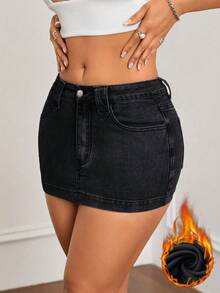 SHEIN ICON 女式口袋修身水洗牛仔半身裙，带保暖衬里 - 黑色 - 查看 6