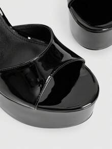 CUCCOO LuxiPop Women's Outdoor Round Toe Thick High Heel Waterproof Platform Shoes, Black PU Glossy Material With Bow Decor, Fashion Minimalist Comfortable For Daily, Party, Banquet, Hook And Loop Sandals - Black - View 6