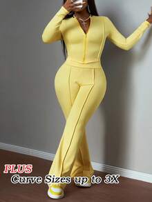 Slaydiva 新款秋冬休闲街头运动风日常约会基础款简约时尚小圆领长袖前中拉链紧身T恤开衫+宽腰头齿条纹装饰喇叭裤浅黄色针织套装运动服女装加大码两件套，舒适秋冬女装 - 黃色 - 查看 1