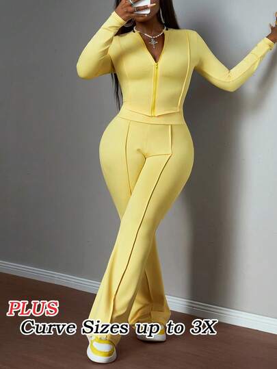 Slaydiva 2025 New Autumn And Winter Casual Street Sports Style Daily Dating Basic Style Simple Hot Style Small Round Neck Long Sleeve Front Middle Zipper Tight T-Shirt Cardigan + Wide Waist Head Tooth Stripe Decorated Flared Trousers Light Yellow Knitted Suit Sportswear Women's Plus Two Pieces Suit,Cozy Fall And Winter Clothes For Women