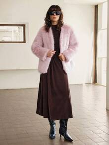Ontre Manteau en fausse fourrure rose poussiéreux pour femmes, élégant pour les soirées d'hiver, coupe ample et surdimensionnée, sans col, manches longues, poches, style Old Money, tenue de bureau urbaine - Rose bonbon - Voir 4