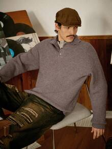 RivetRise كنزة صوفية كاجوال بأكمام طويلة وأزرار نصف لوحة ذات لون واحد للرجال، قميص محبوك للرجال للخريف/الشتاء، بلوزة محبوكة للرجال، بلوزة محبوكة للرجال مبطنة حرارية مقاومة للرياح والبرد، بلوزة محبوكة للرجال بياقة مستديرة، مجموعة الخريف للرجال، ملابس الرجال، ملابس الرجال من الكشمير - بني مخاوي - مشاهدة 1