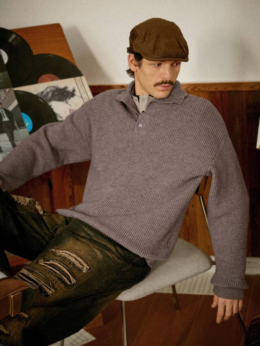 RivetRise كنزة صوفية كاجوال بأكمام طويلة وأزرار نصف لوحة ذات لون واحد للرجال، قميص محبوك للرجال للخريف/الشتاء، بلوزة محبوكة للرجال، بلوزة محبوكة للرجال مبطنة حرارية مقاومة للرياح والبرد، بلوزة محبوكة للرجال بياقة مستديرة، مجموعة الخريف للرجال، ملابس الرجال، ملابس الرجال من الكشمير - بني مخاوي - مشاهدة 1