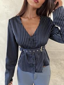 Aloruh Women's Striped V-Neck Long Sleeve Single-Breasted Belted Casual Shirt - Blue - View 3