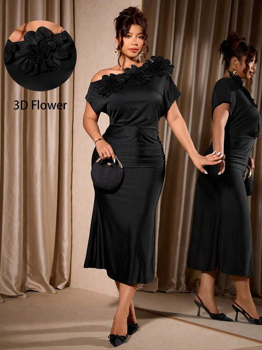 Cravure Plus Size Women's Black Oblique Shoulder 3D Floral Shiny Bodycon Knit Party Dress - Black - View 1