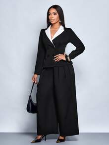 SOLERSUN Traje de dos piezas de chaqueta y pantalones holgados de estilo casual diario para mujer, con contraste elegante y delgado de negro y blanco, de manga larga y doble botonadura, para otoño e invierno