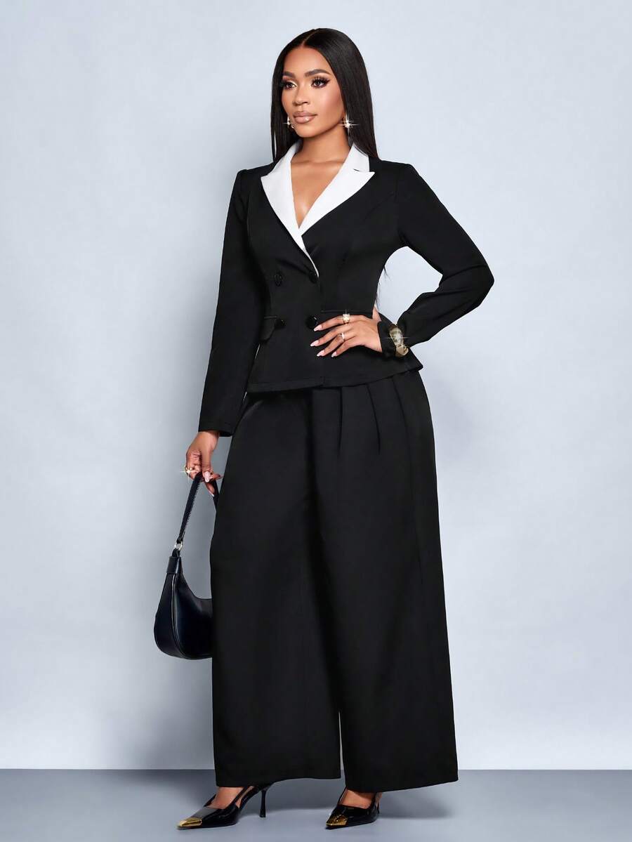 SOLERSUN Traje de dos piezas de chaqueta y pantalones holgados de estilo casual diario para mujer, con contraste elegante y delgado de negro y blanco, de manga larga y doble botonadura, para otoño e invierno