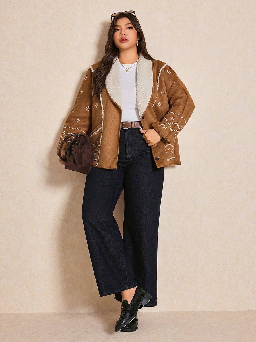 Elaquor Plus Size Women Floral Embroidered Long Sleeve Casual Thermal Lined Jacket, Autumn/Winter Fall/Winter - Camel - View 1