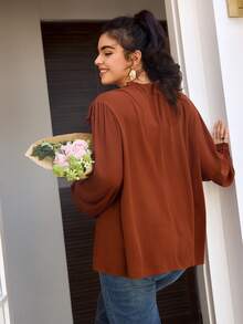 SHEIN Frenchy Plus Size Women Ruffle Hem Blouse, Casual Commuter Shirt Thanksgiving - Rust Brown - View 8