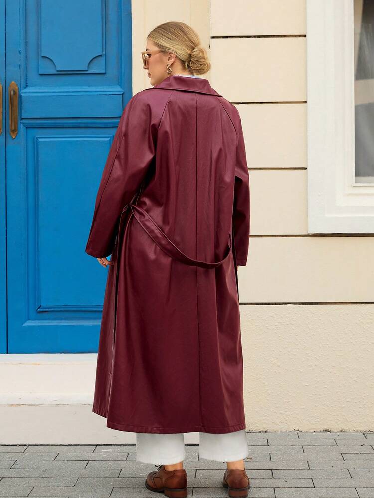 Plus Size Solid Color Front Button Belted Pocket Casual Long Sleeve Jacket/Winter Women's Winter Coat  Rain Coat For Women