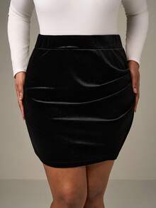 SHEIN Tall CURVE Váy ôm sát bodycon cạp cao viền hoa tulip cỡ lớn, váy quấn thanh lịch mini bó sát cạp cao màu đen trơn cho nữ - màu đen - Xem 3
