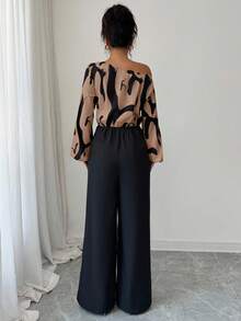 Elenzga Women's Printed Patchwork Waist Wide Leg Jumpsuit, Elegant Silhouette For Daily Commute And Versatile Wear - Coffee Brown - View 2