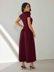 SHEIN PETITE 女式纯色立领长袖连衣裙 - 中紫紅色 - 查看 2
