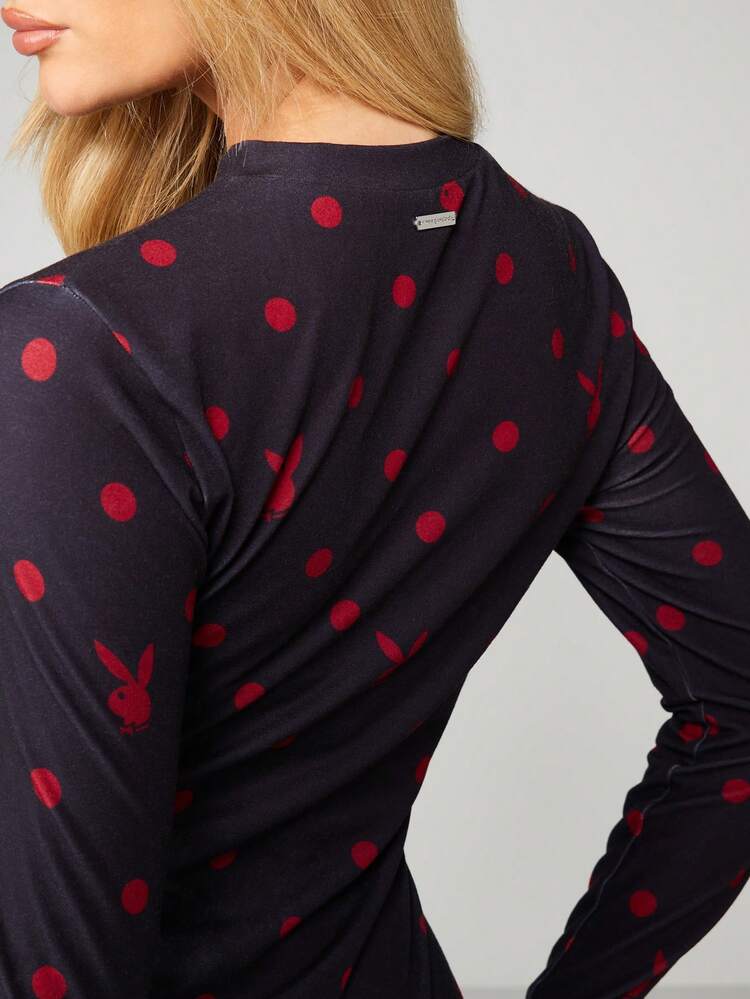Missguided x Playboy Long Sleeve Polka Dot Bodycon Mini Dress With Bunny Print For Party Night Out