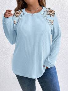 EMERY ROSE Plus Size Women Floral Print Patchwork Crew Neck Long Sleeve Casual Sweatshirt Fall - Blue - View 5