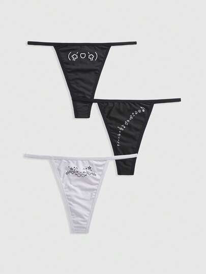 Kawaii 3pcs Cute Cartoon Face Expression Lace Bow Thong Panties