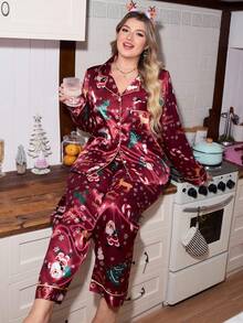 Burgundy Autumn Family Matching Plus Size Pajama Set,Cute Christmas Santa Claus Reindeer Tree Colorblock Print Satin Lapel Collar Sleepwear For Women - Multicolor - View 3