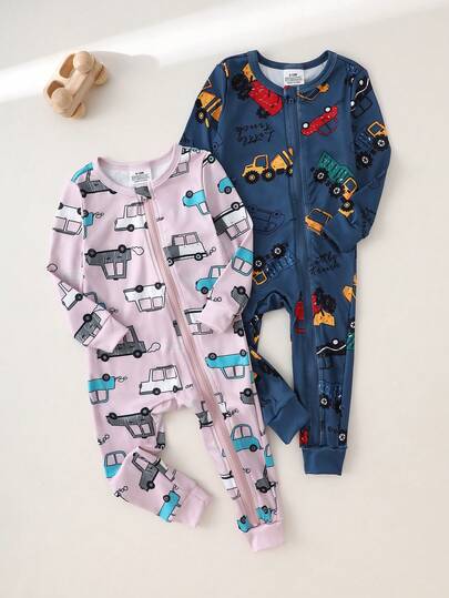 2pcs/Set Toddler Boys' Long Sleeve Tight Fit Jumpsuit, Cartoon Car Pattern, Comfortable Casual Homewear, Spring/Autumn
