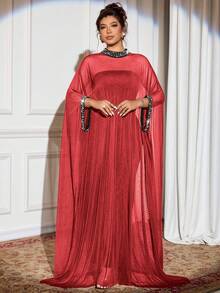 Cravure 大码女式奢华派对哥特式预科风格两件套：黑色网眼泡泡珍珠装饰短款上衣和修身长裙 - 酒紅色 - 查看 5