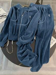 Resyla 2pcs Embroidered Commuter Style Hooded Zip-Up Sweatshirt Set, Gift For Friends - Dusty Blue - View 3