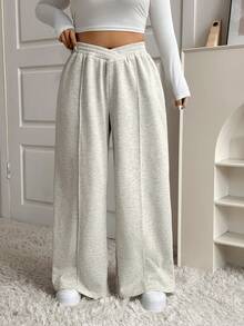 SHEIN CURVE+ Plus Size Women's Grey V-Waist Wide Leg Casual Lounge Pants, Autumn/Winter Baggy