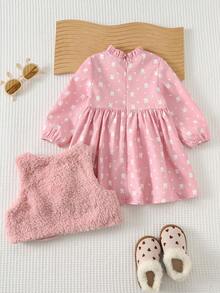 Cozy Pixies 2 Stücke Baby Mädchen Set mit Schleife Dekor Fleeceweste & Polka Punkt Langarm Taille Raffung Kleid, warm & dick, geeignet für den Winter - Pink - Übersicht 2