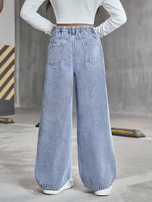 SHEIN Sparklyn Tween-Mädchen Hellblaue Jeans mit weitem Bein, Washed, süß und lässig, empfohlen! Hellblauer Washed Denim-Stoff, elastischer Bund mit hoher Taille und echtem Reißverschluss-Design für einfaches Tragen, lockerer gerader Beinschnitt für mehr Komfort - Helle Waschung - Übersicht 2