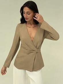 Aloruh Women's Solid Color Deep V-Neck Long Sleeve Pleated Waist Casual Blazer - Apricot - View 2