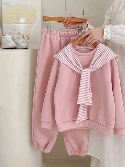 SHEIN 3件套韩版甜美条纹披肩卫衣和休闲运动裤套装