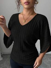 Selianne Women's Comfortable Casual V-Neck Ruffle Batwing Sleeve Solid Color Brushed Rib T-Shirt