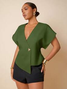 Hauture 大码女式V领不对称下摆优雅性感上衣，适合工作和日常穿着 - 綠色 - 查看 5