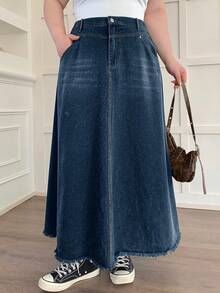 Dazy Plus 水洗猫须毛边A字长款牛仔半身裙，四季皆宜 - 中等水洗藍 - 查看 6