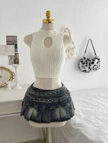 SHEIN Unity Women's Sexy Keyhole Neck Fluffy Knit Sweater Vest - White - View 1